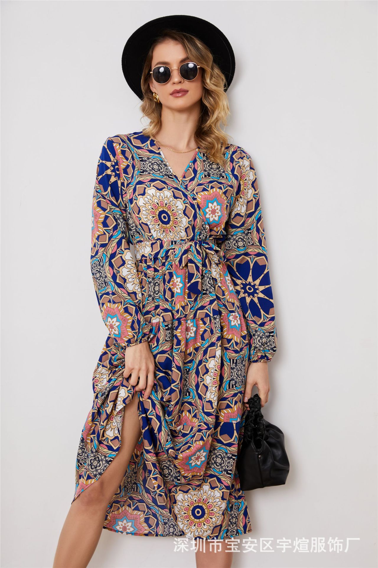 Floral Print Long Sleeve V-Neck A-Line Midi Dress with Belt