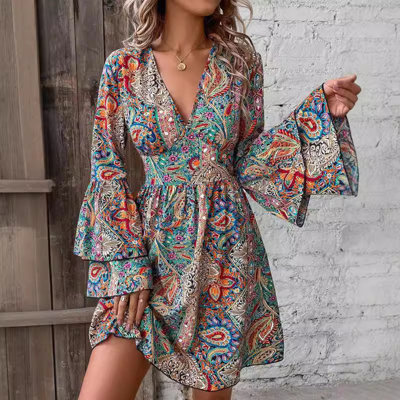 Women's Paisley Print V-Neck Bell Sleeve Midi Dress