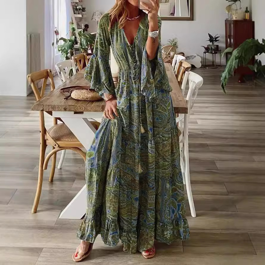 Bohemian Floral Print V-Neck High-Waist Flare-Sleeve Maxi Dress
