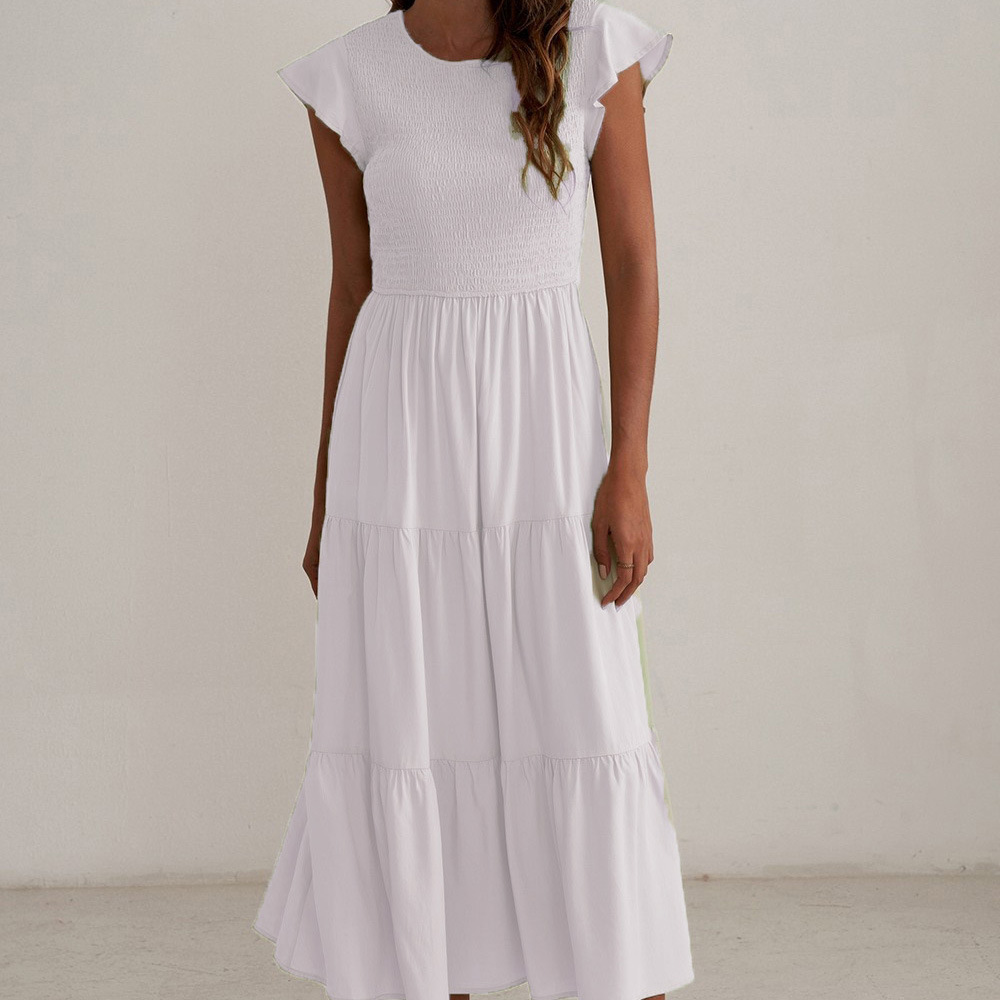 Women's Casual Literary Ruffle Midi Dress with Round Neck and Puff Sleeves