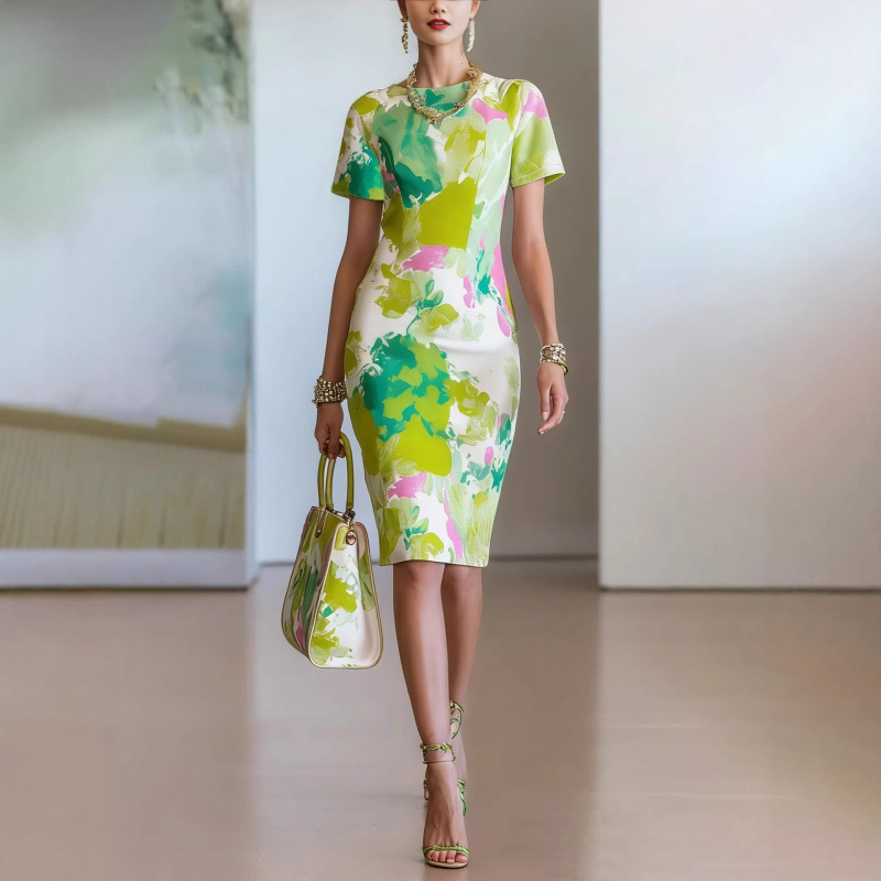 Floral Print Round Neck Short Sleeve A-Line Dress