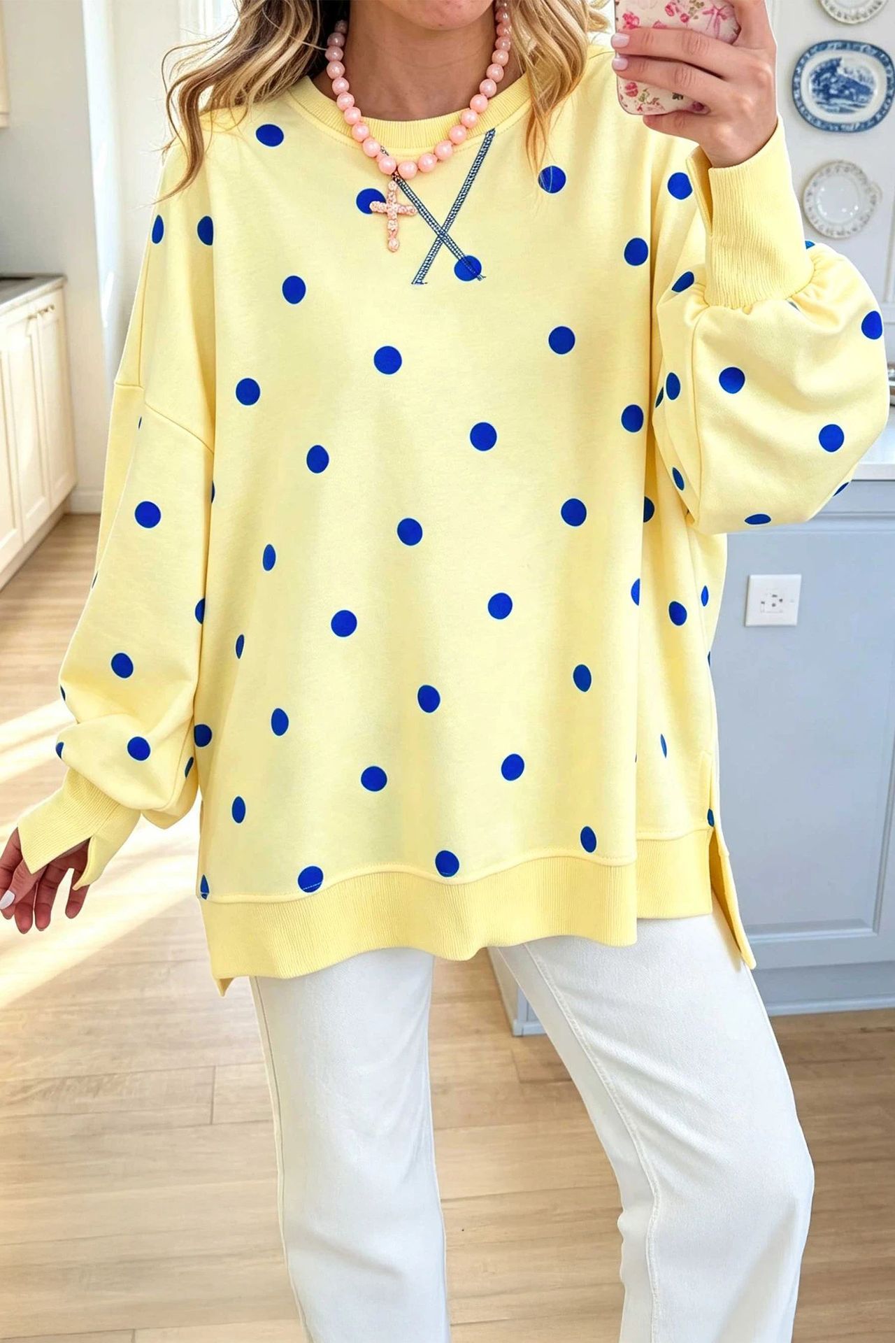 Polka Dot Print Long Sleeve Pullover Sweatshirt Loose Casual Shirt