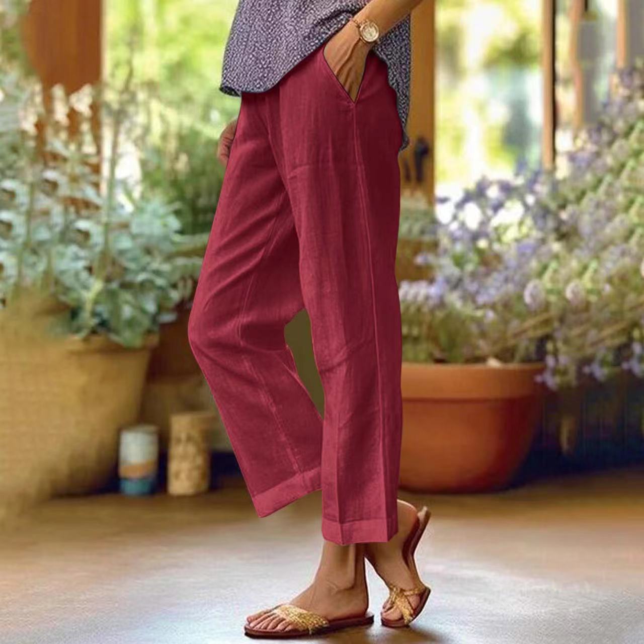 Women's Cotton-Linen Loose Straight-Leg Pants with Elastic Waist and Pockets