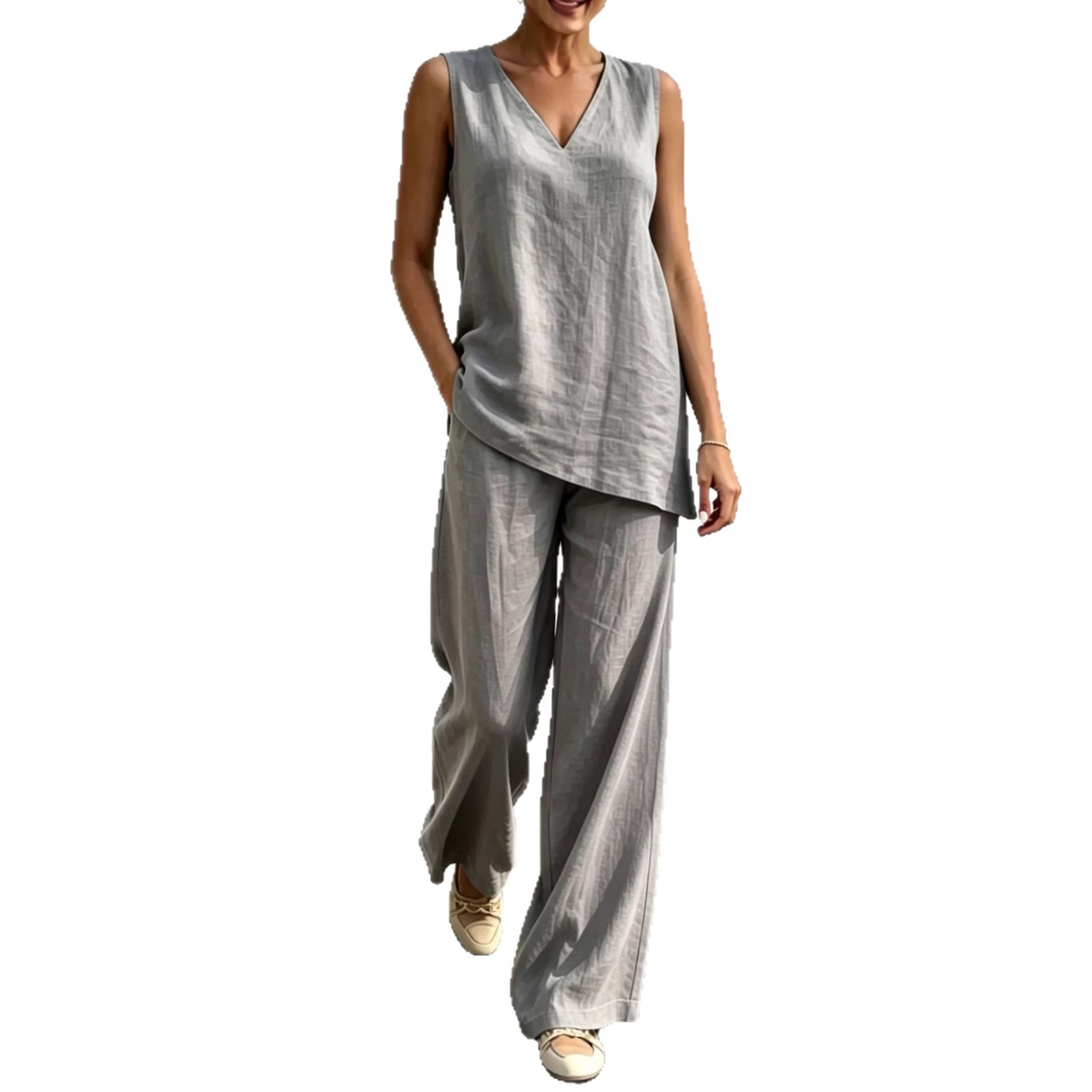 Women's V-Neck Sleeveless Top and Wide-Leg Pants Two-Piece Set