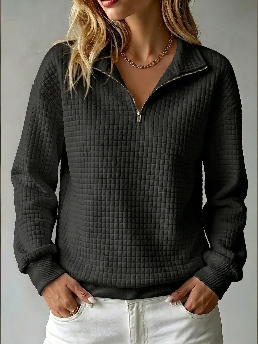 Waffle Knit Solid Color Zip-Up Collared Long Sleeve Women's Sweatshirt