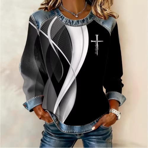 Women's Striped Paw Print Tribal Graphic Crewneck Sweatshirt