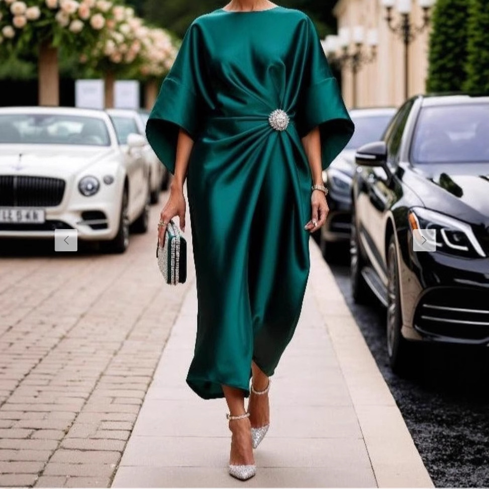 Solid Satin Knot Midi Dress Long High Waist Round Neck