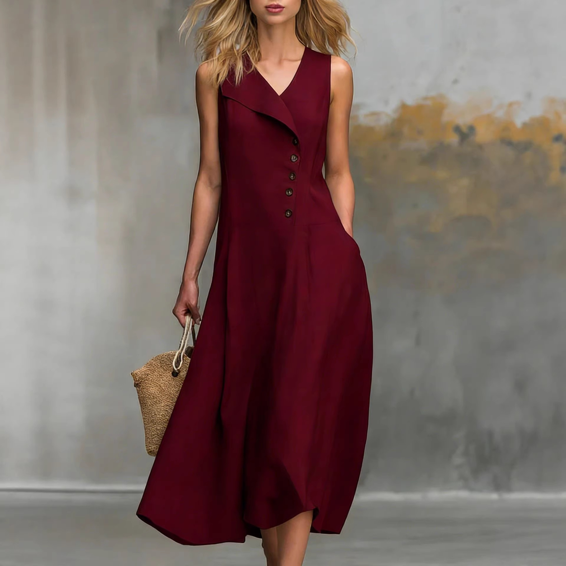 Women's Sleeveless Button-Front Collared Dress Solid Color Cinched Waist