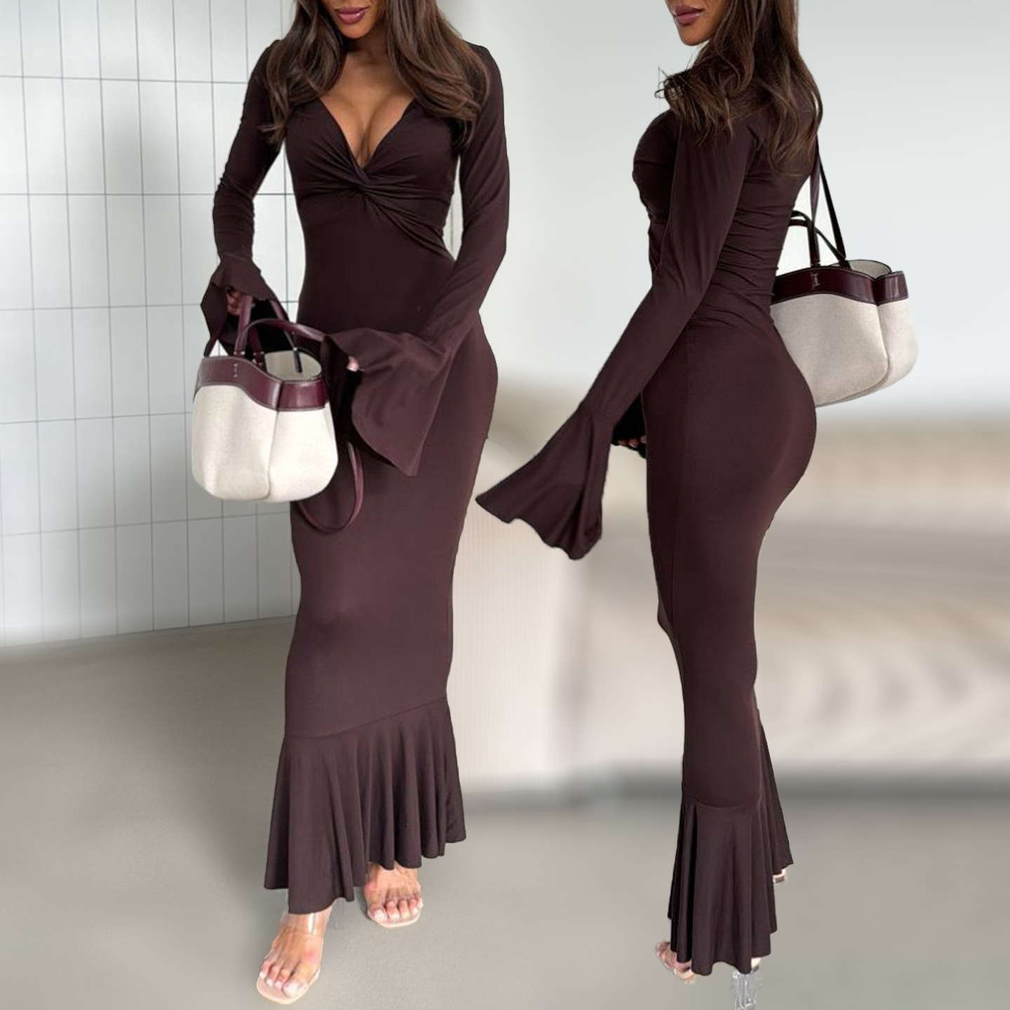 Sexy V-Neck Twist Ruffle Long Sleeve Bodycon Dress