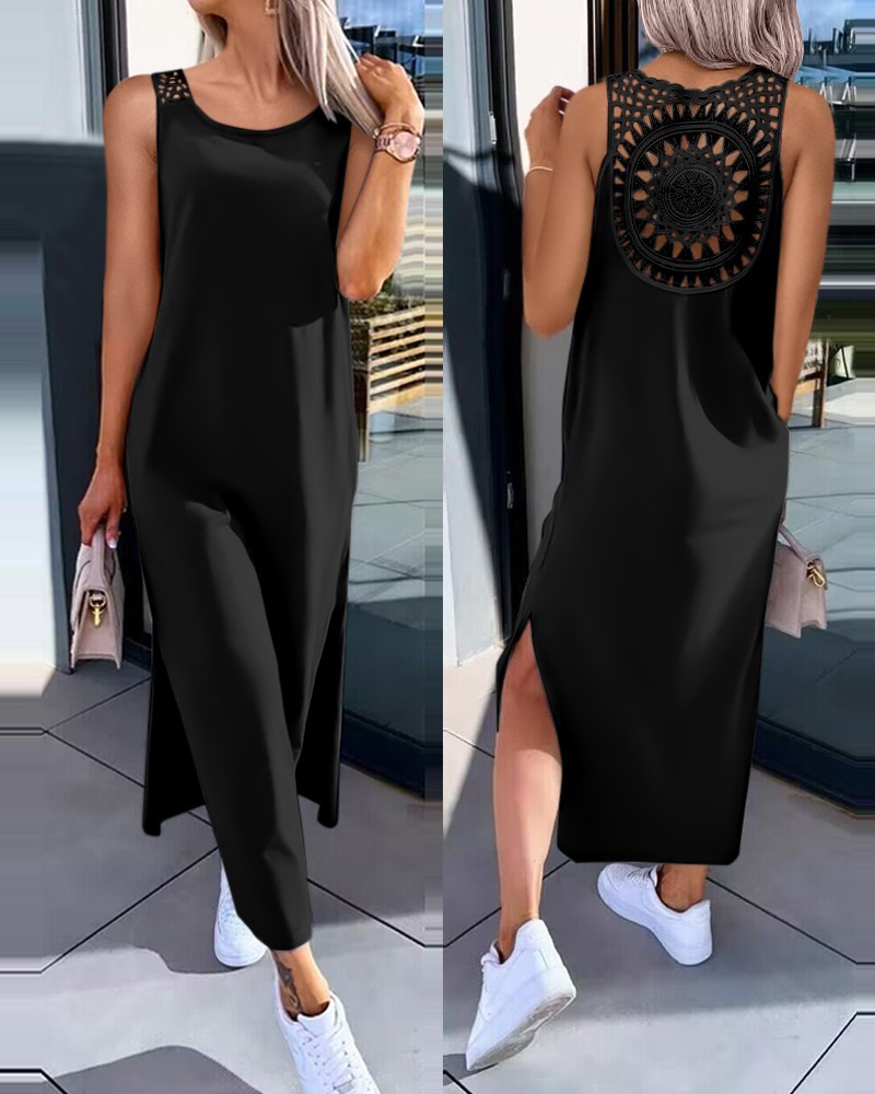 Solid Color Lace Hollow Out Slit Sleeveless Dress