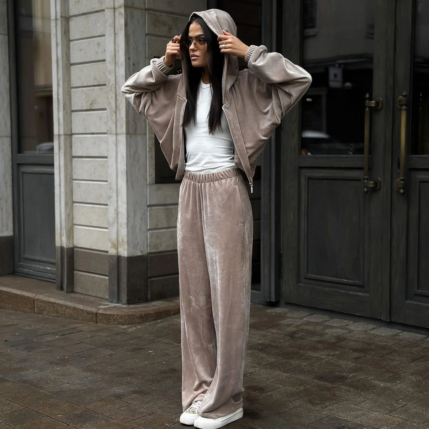 Velvet Hooded Cardigan & Straight-Leg Pants Two-Piece Set