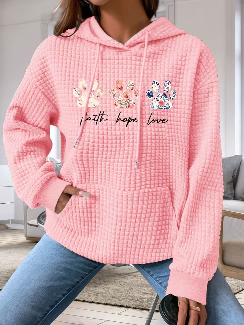 Women's Animal Paw Print Waffle Knit Hoodie Casual Pullover