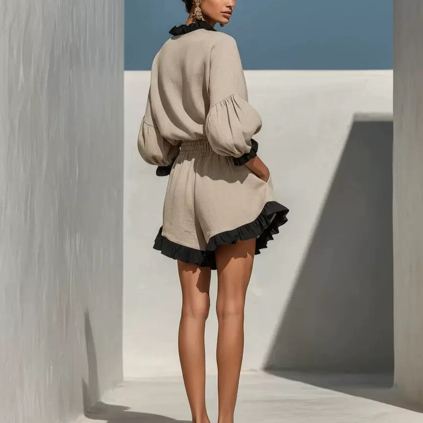 Ruffle Trim Long Sleeve Top & High Waist Wide Leg Ruffle Hem Shorts Two-Piece Set
