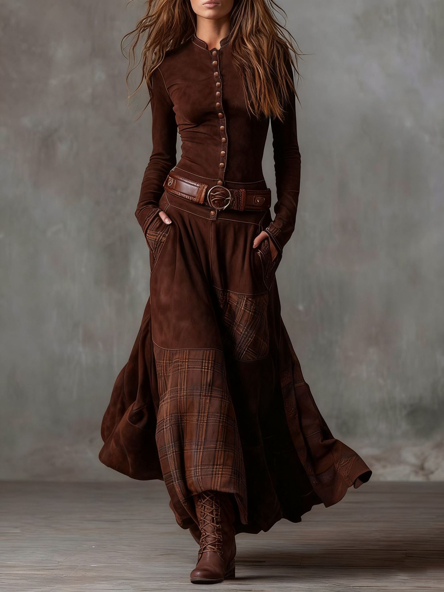 Suede Plaid Patchwork Vintage Dress with Pockets, Button & Belt