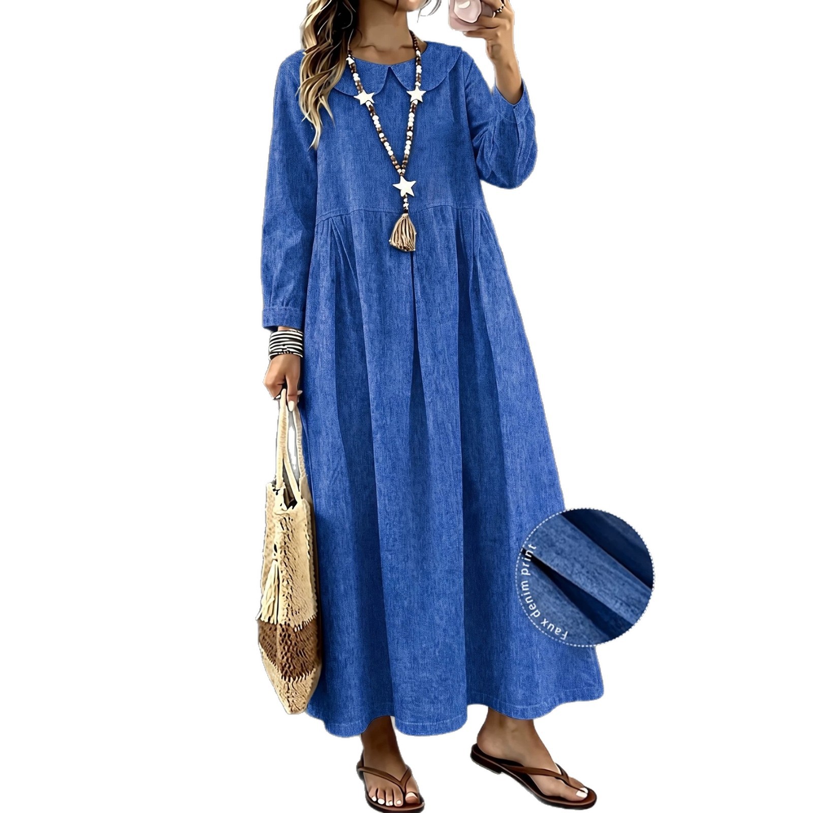Women's Casual Loose Denim Long Sleeve Collared Midi Dress Plus Size Blue