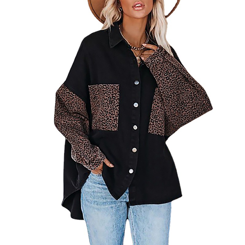 Leopard Print Long Sleeve Button-Front Collared Cardigan Loose Plus Size Coat