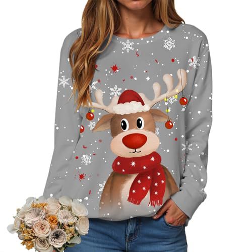 Women's Christmas Reindeer Snowflake Print Crewneck Sweatshirt