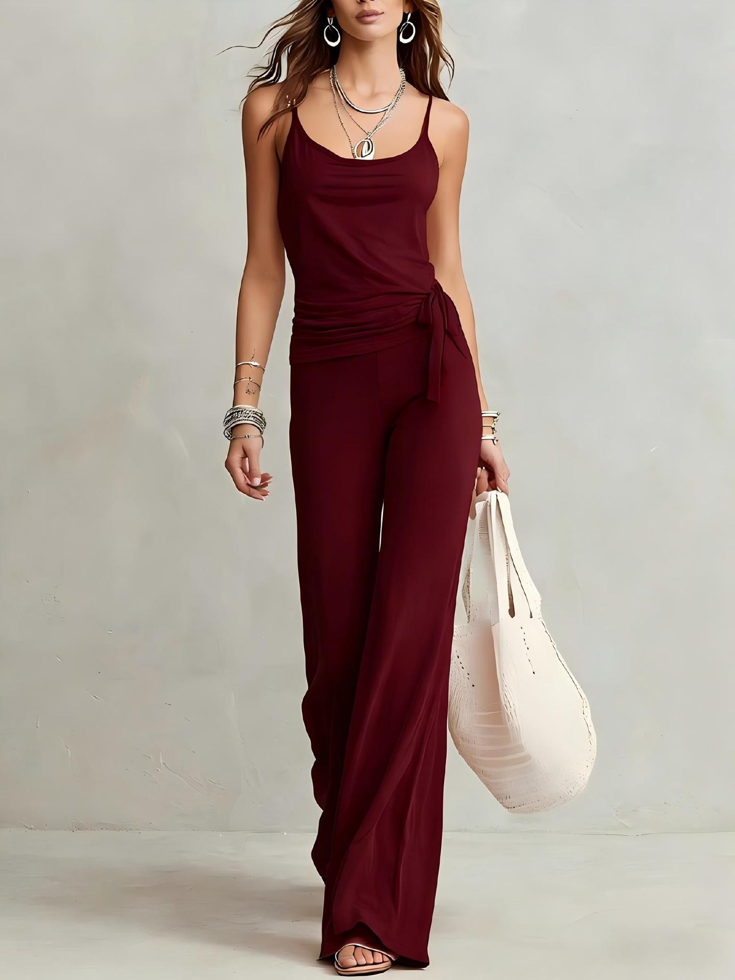 Solid Color Sleeveless Cami Top and High-Waist Wide-Leg Pants Set