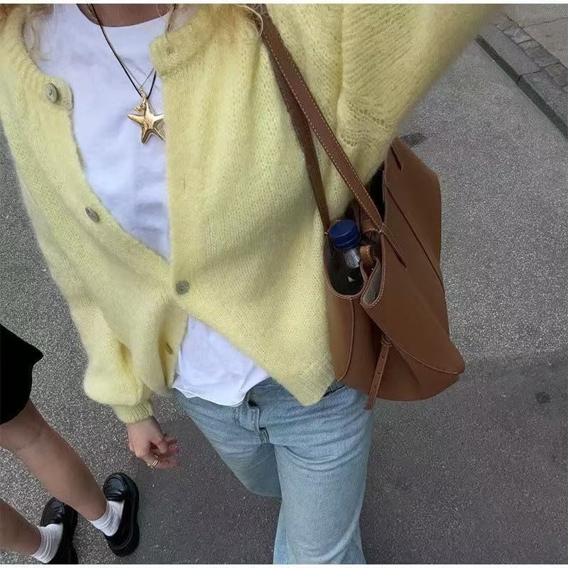 Women's Loose Knit Button-Front Cardigan Sweater Long Sleeve Crew Neck