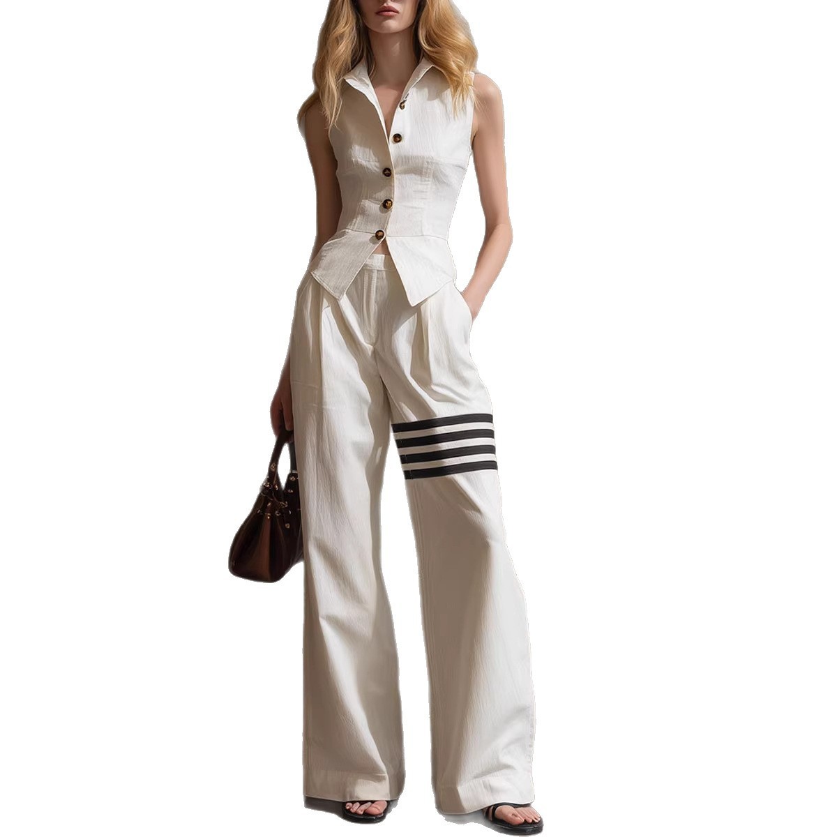 Sleeveless Button-Front Cinched-Waist Shirt & Wide-Leg Pants Set