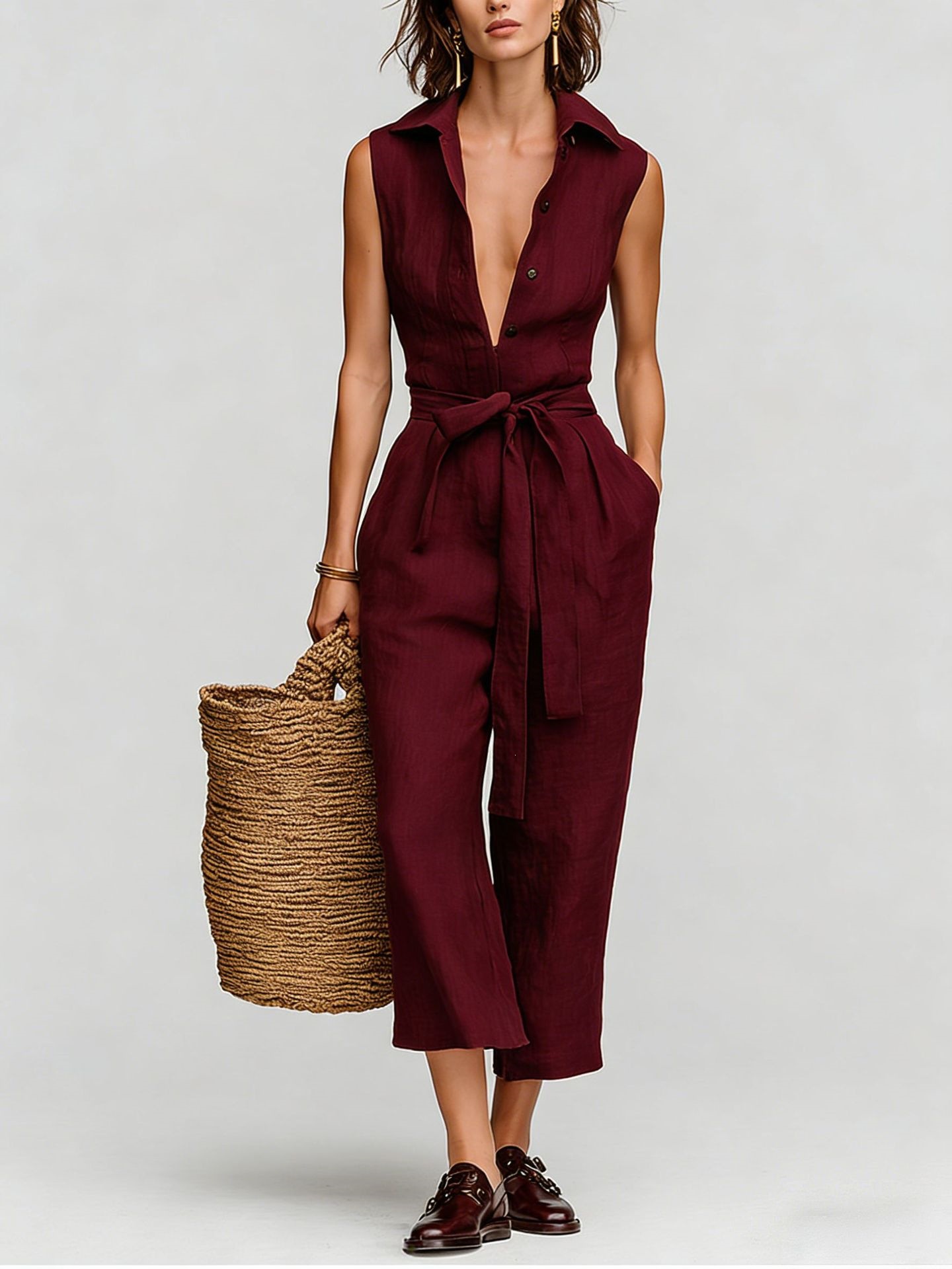 Sleeveless V-Neck Belted Wide-Leg Cropped Jumpsuit