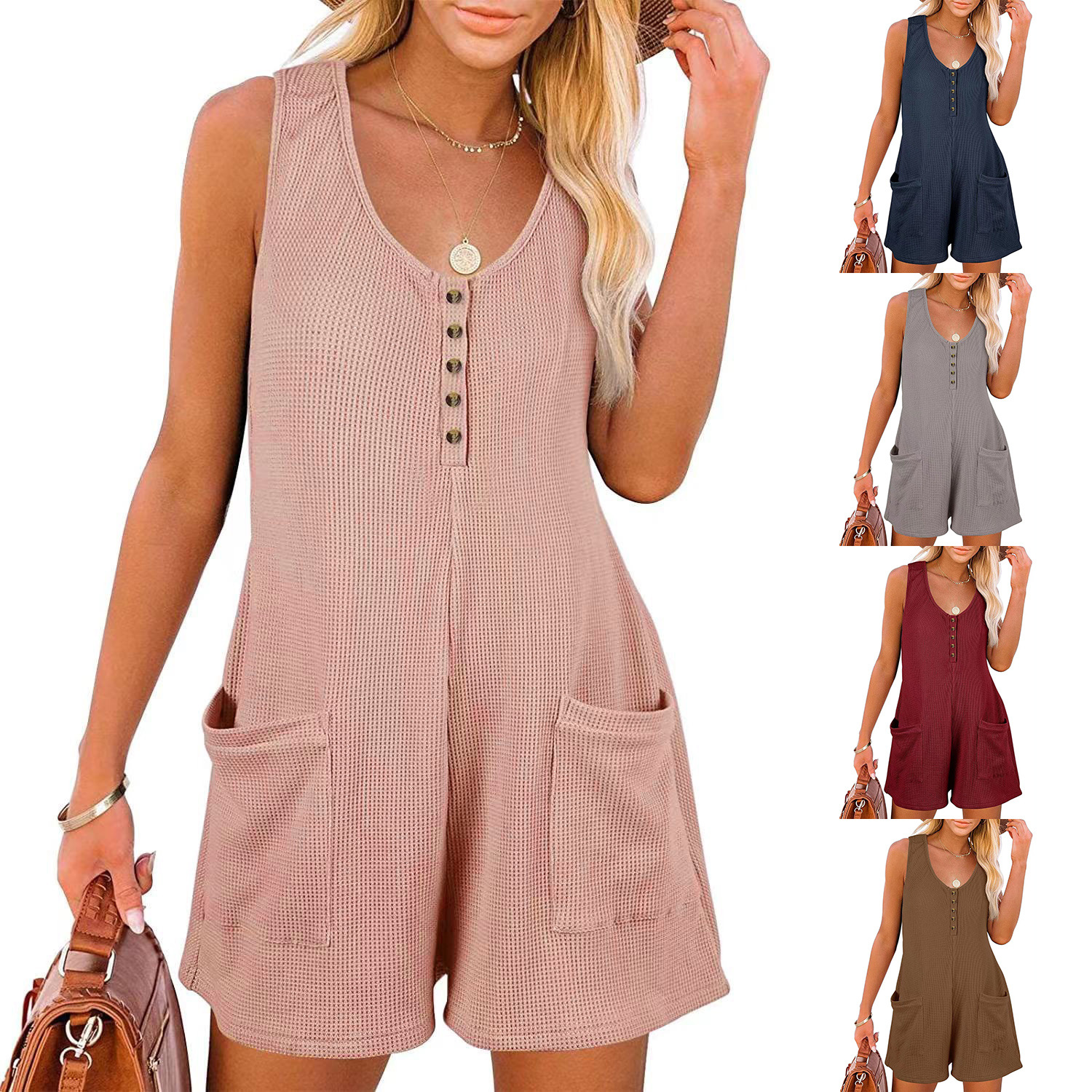 Women's Sleeveless Button Pocket Romper Casual Jumpsuit