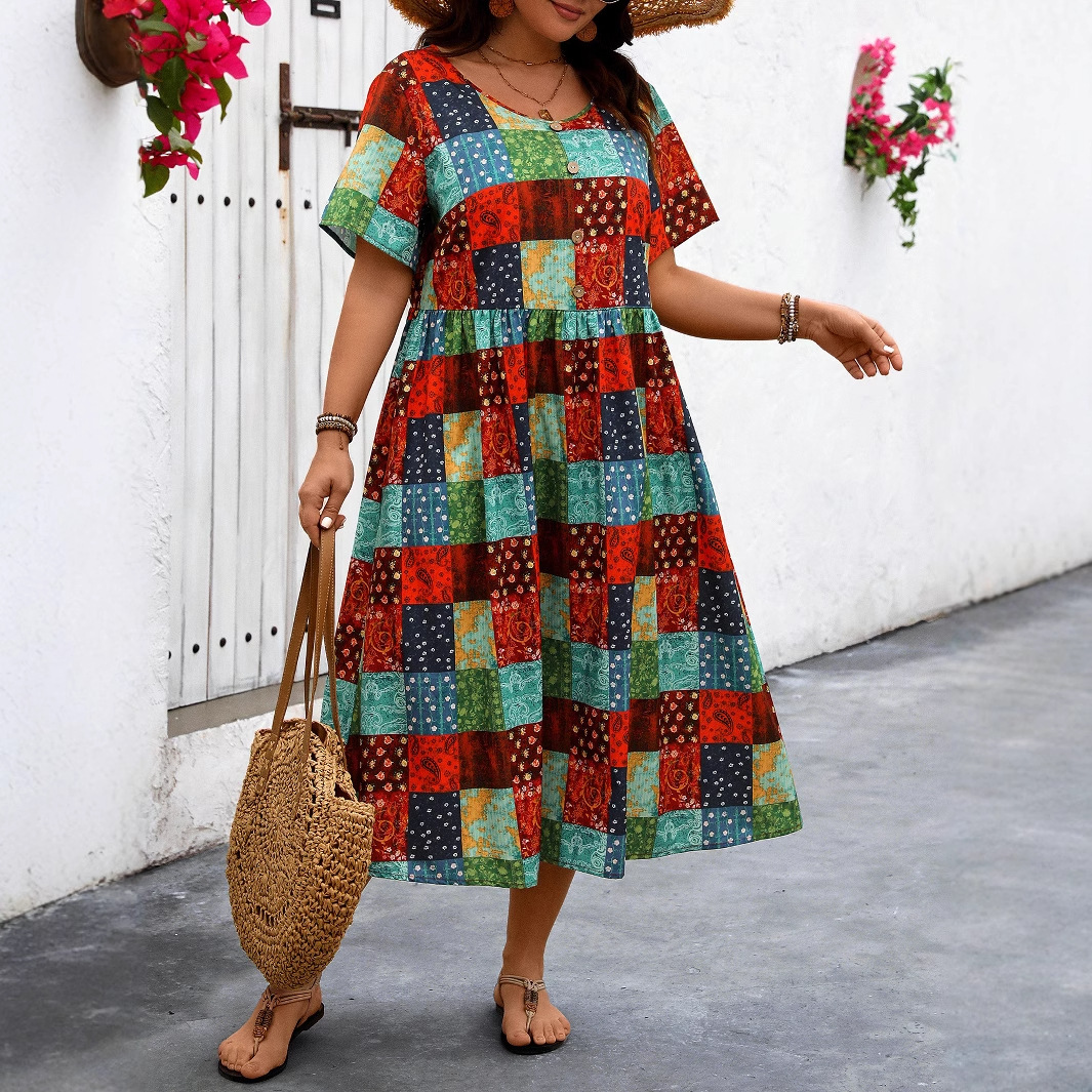 Women's Summer Floral Print Long Dress Round Neck Loose Plus Size