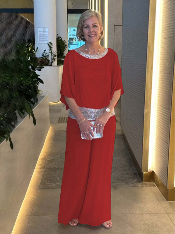 Solid Color Sequin Colorblock Batwing Sleeve Top and Wide-Leg Pants Set