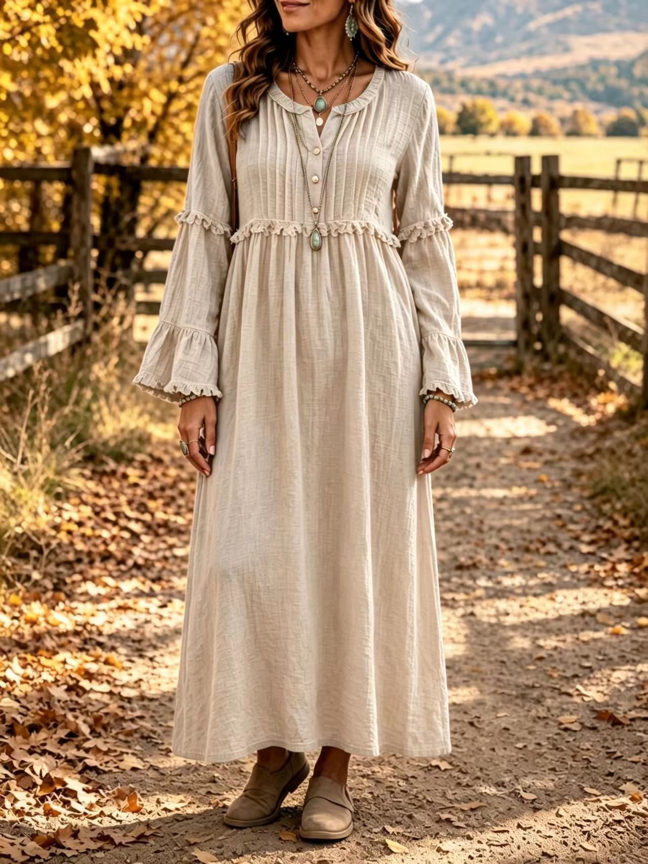 Lace Trim Fringe Button Loose Casual Dress