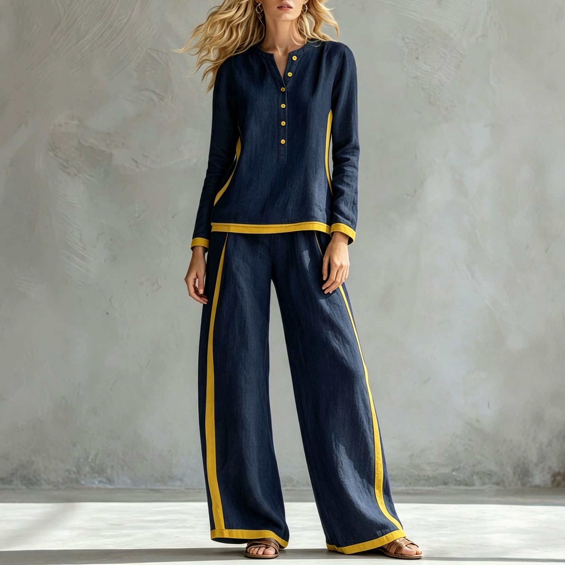 Women's Colorblock Buttoned Half Cardigan & Wide-Leg Pants Set