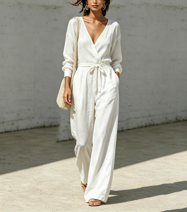 Women's V-Neck Tie-Front Shirt & Pants Set Summer Commuter Casual