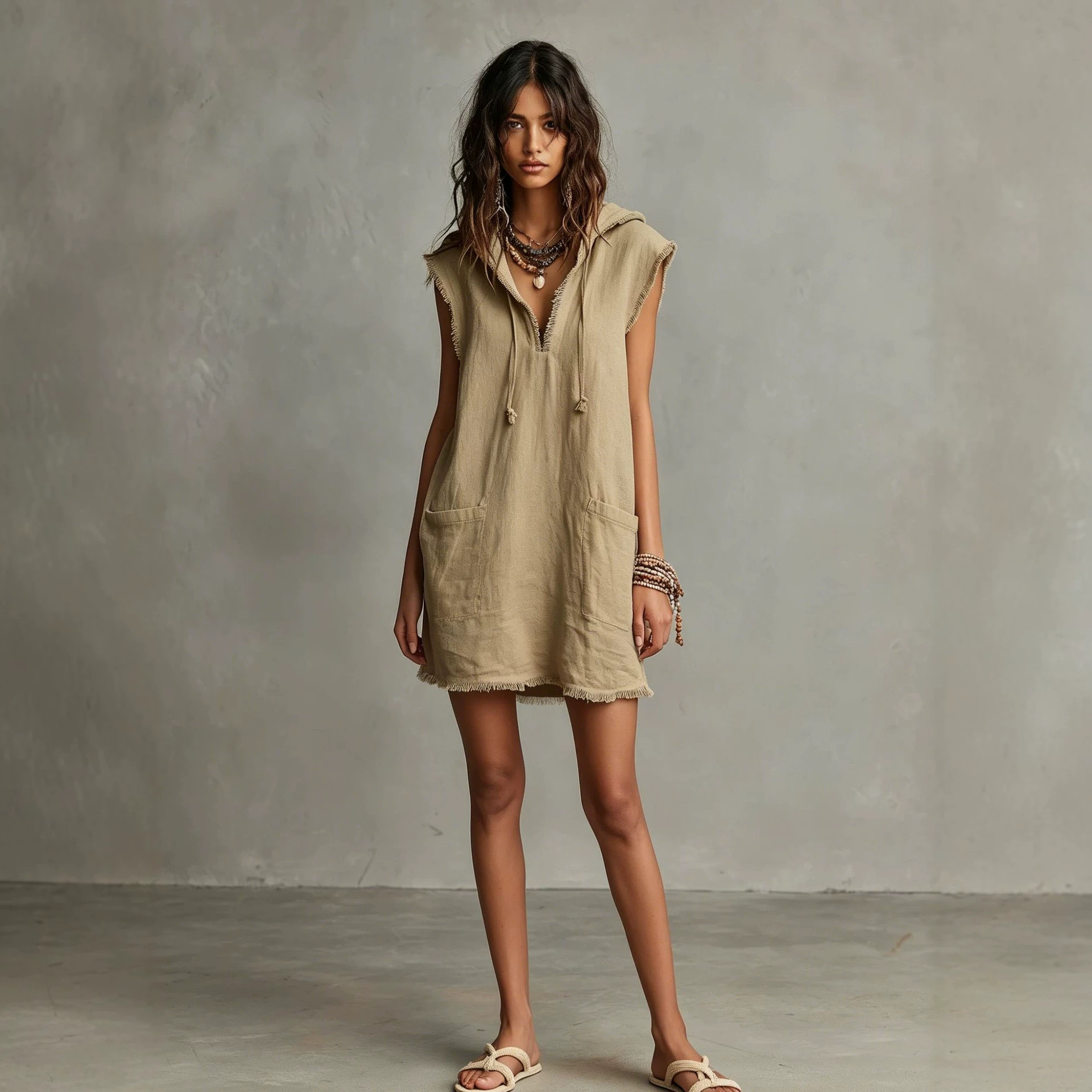 Women's V-Neck Linen Blend Mini Dress with Hood Sleeveless Raw Hem