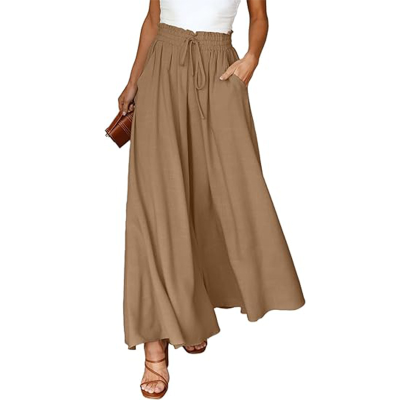 Women's High-Waist Wide-Leg Cotton-Linen Pants Skirt with Pockets