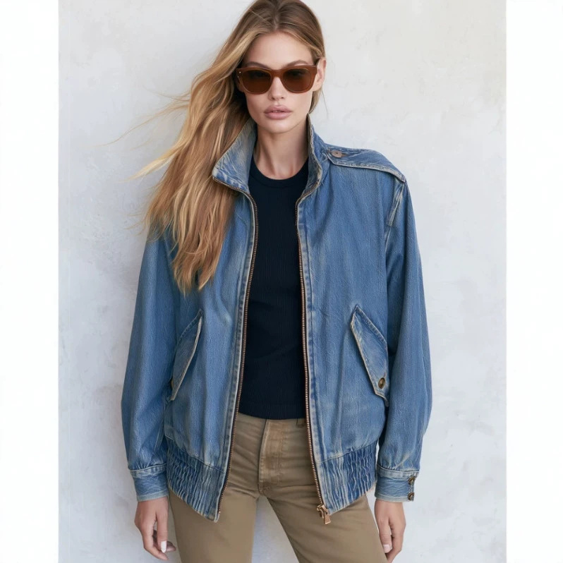 Retro Stand Collar Zip Washed Denim Blue Bomber Jacket