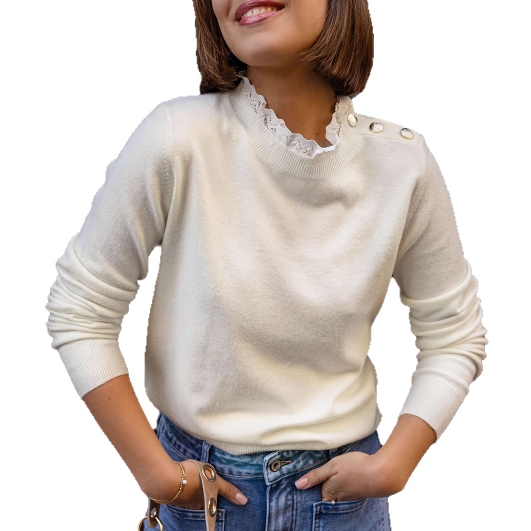 Women's Lace-Trim Knit Sweater Long Sleeve Crew Neck Slim Fit