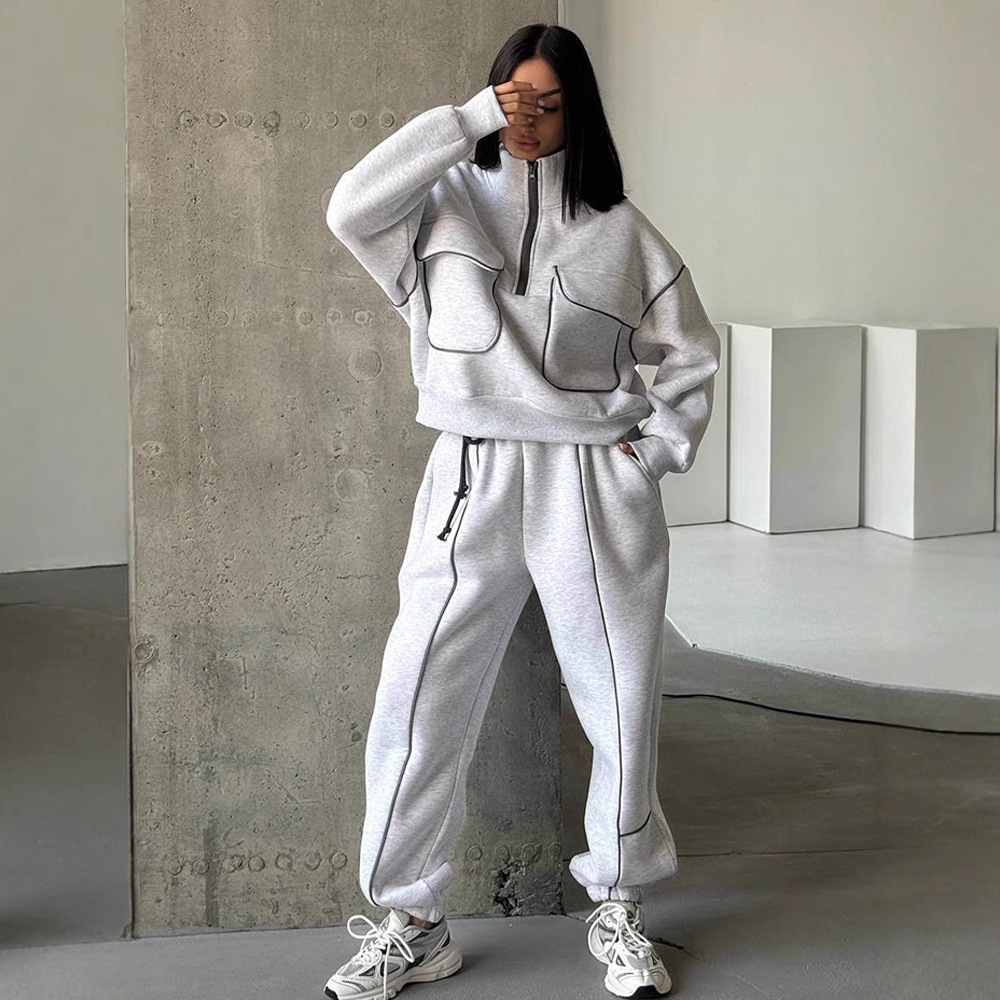 Women's Half-Zip Hoodie and Pants Set with Pockets