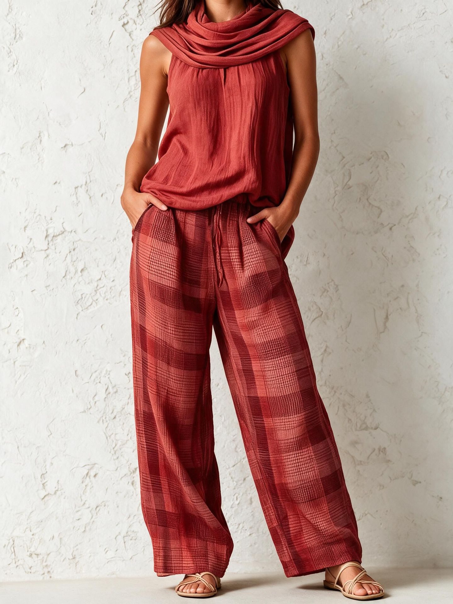 Women's Retro Sleeveless Top and Plaid Pants Set