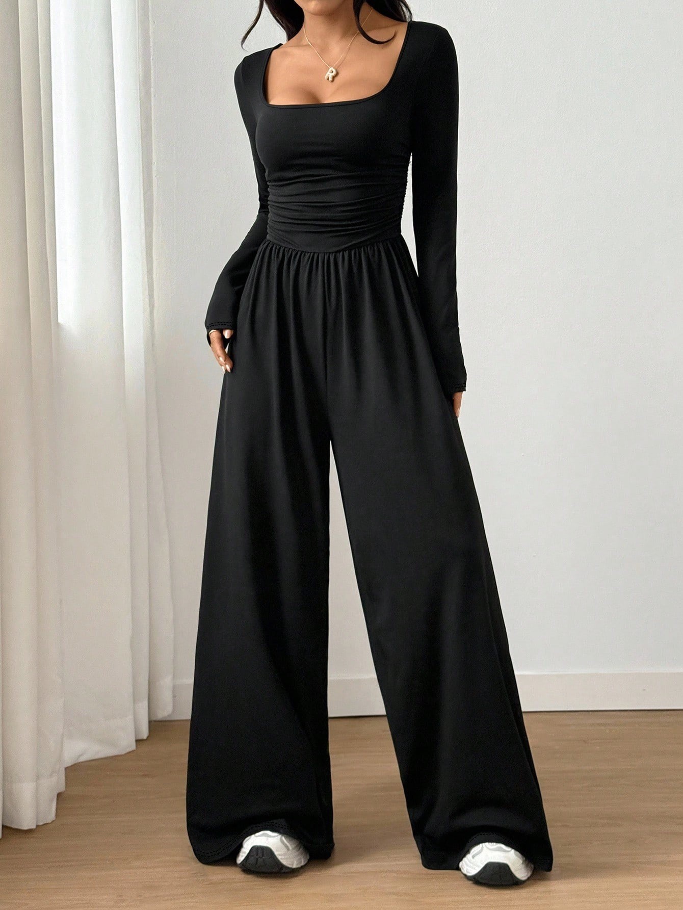 U-Neck Long-Sleeve Slimming Wide-Leg Jumpsuit