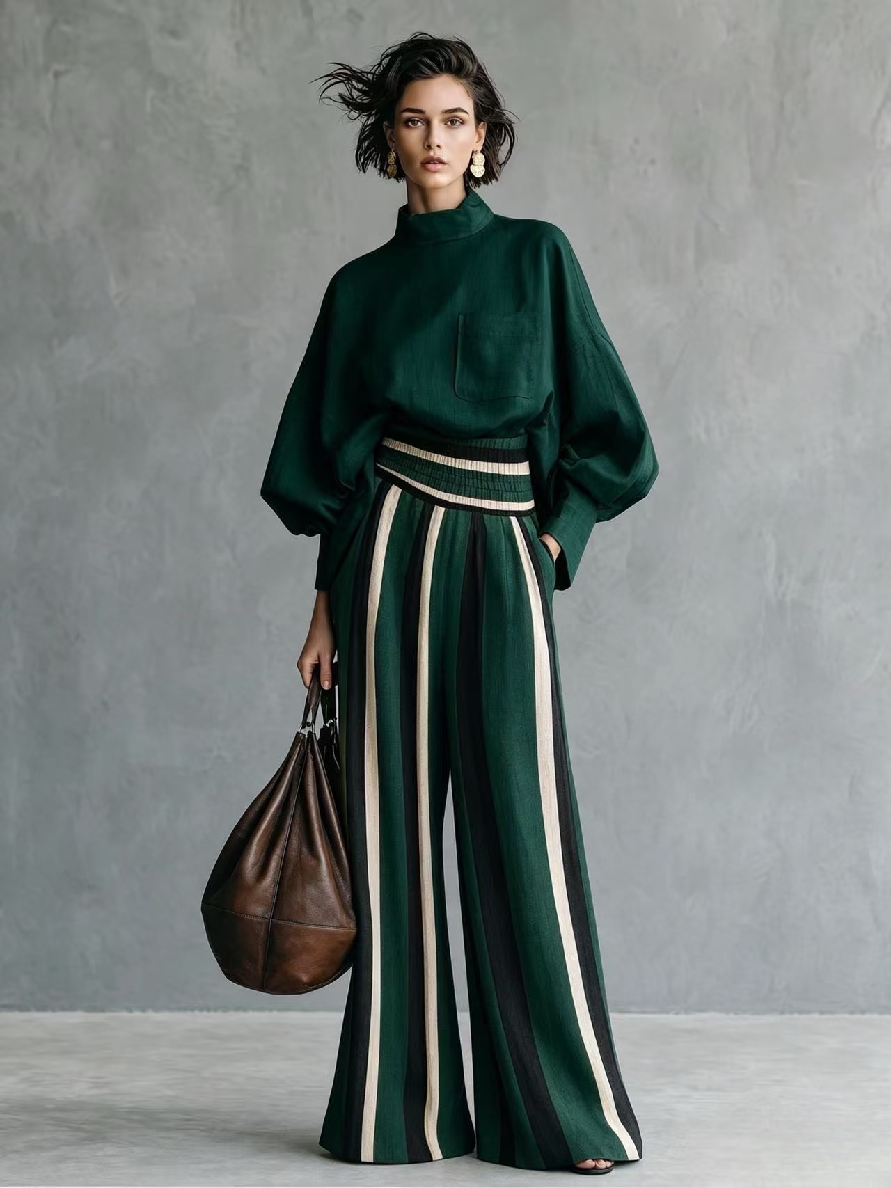 Women's Striped Mock Neck Long Sleeve T-Shirt and Pants Set