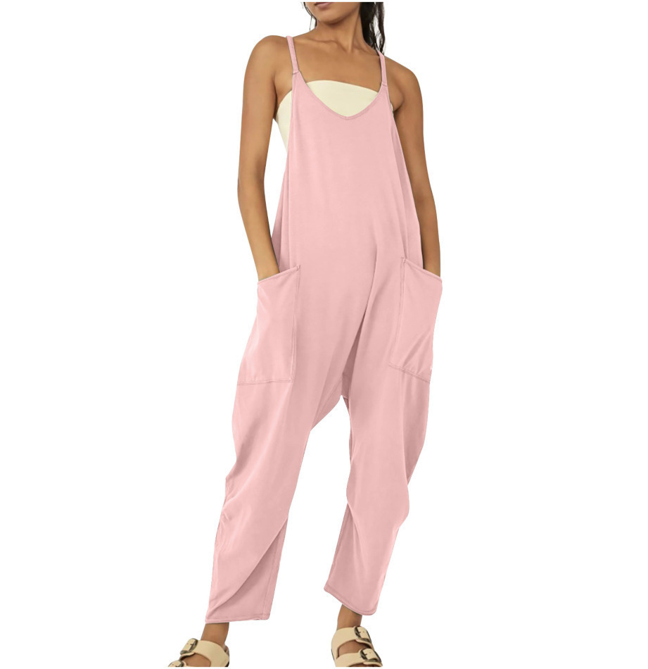 Women's Sleeveless Zip Pocket Jumpsuit with Spaghetti Straps