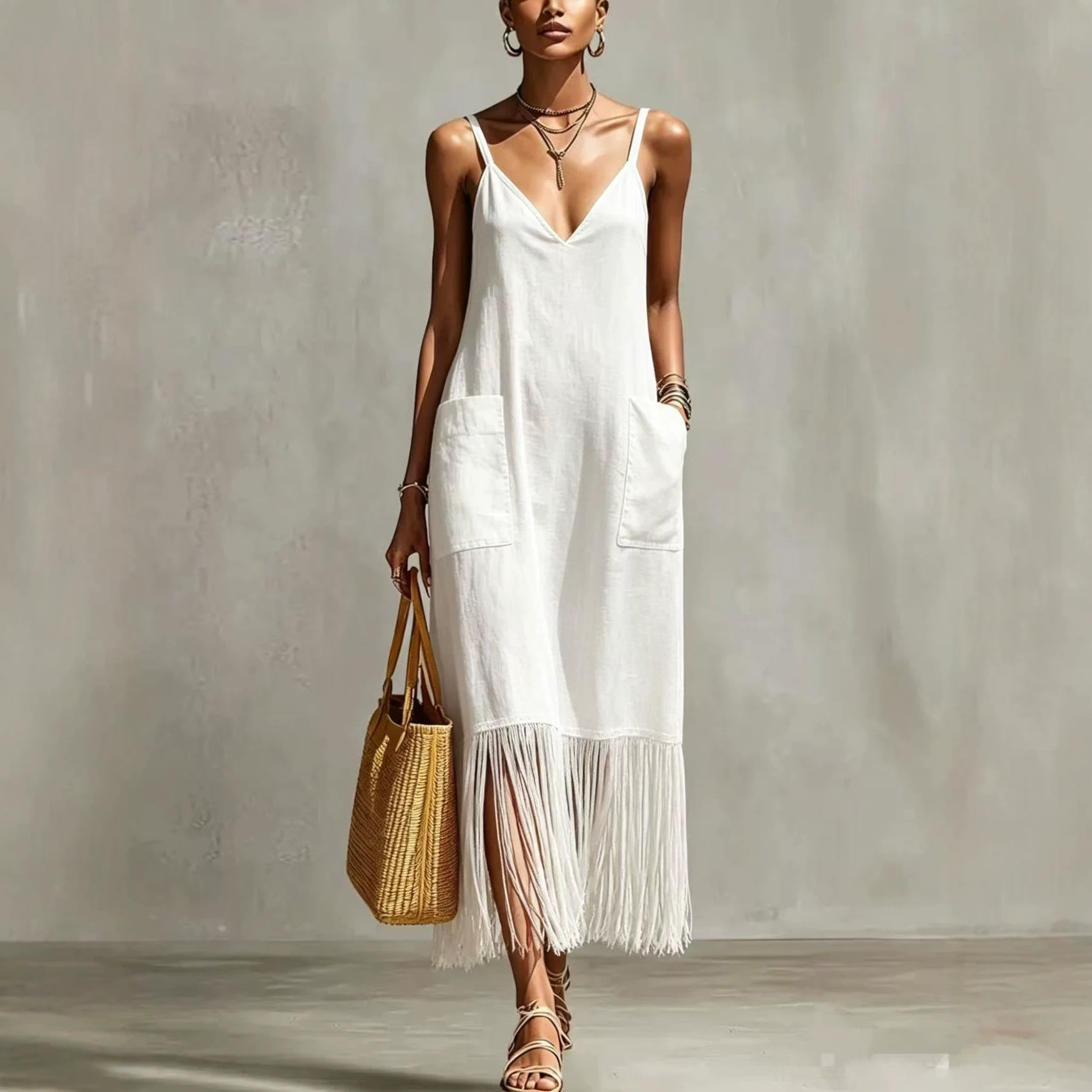 Bohemian Tassel Hem Sleeveless Maxi Dress