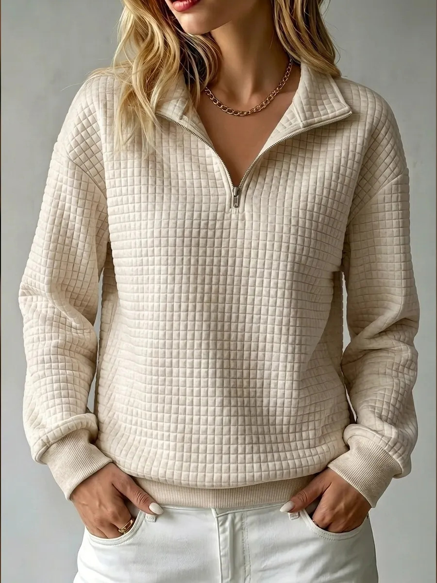 Women's Waffle Knit Zip-Up Long Sleeve Sweatshirt Solid Color Loose Fit