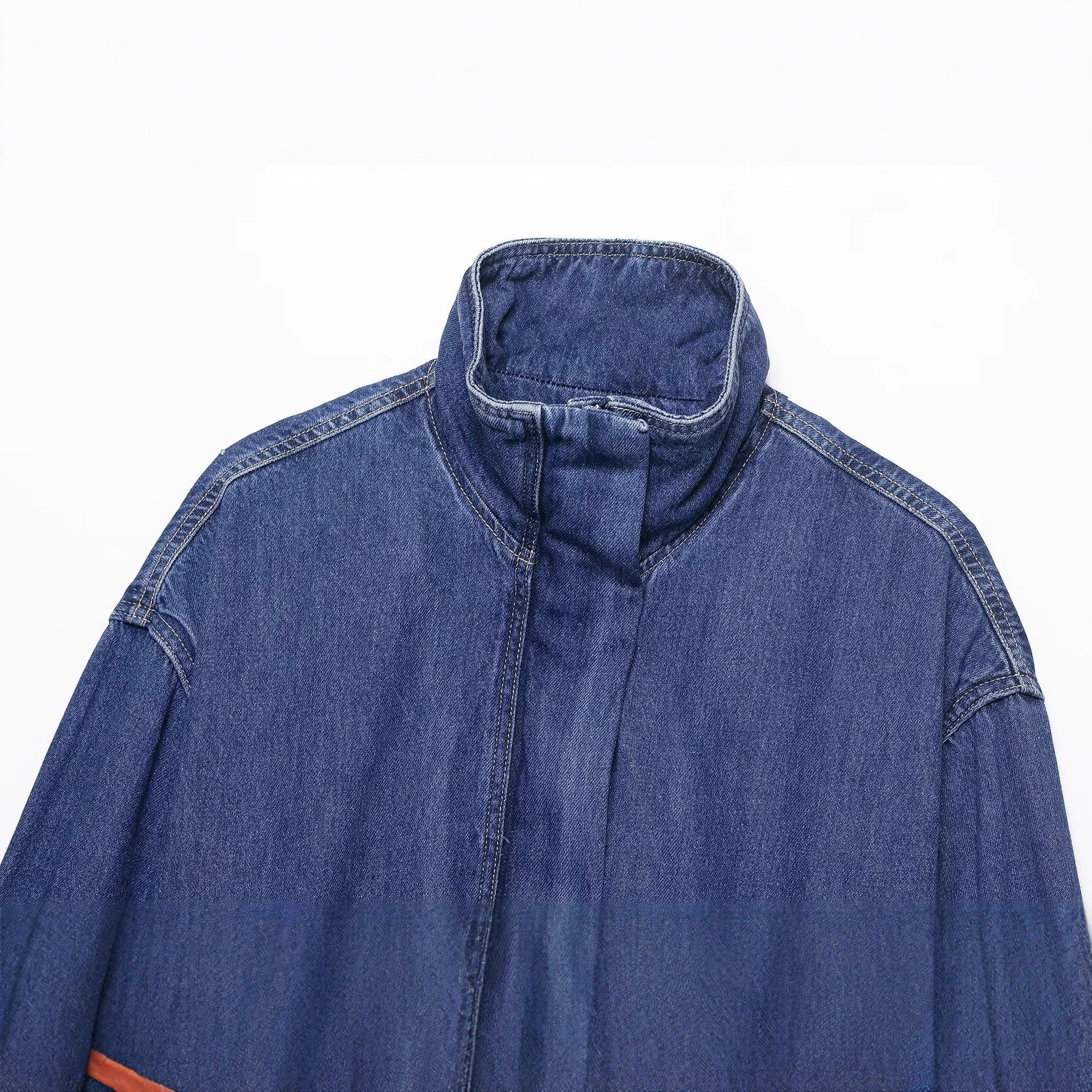 Women's Casual Denim Jacket Stand Collar Zip-Up Loose Fit Blue