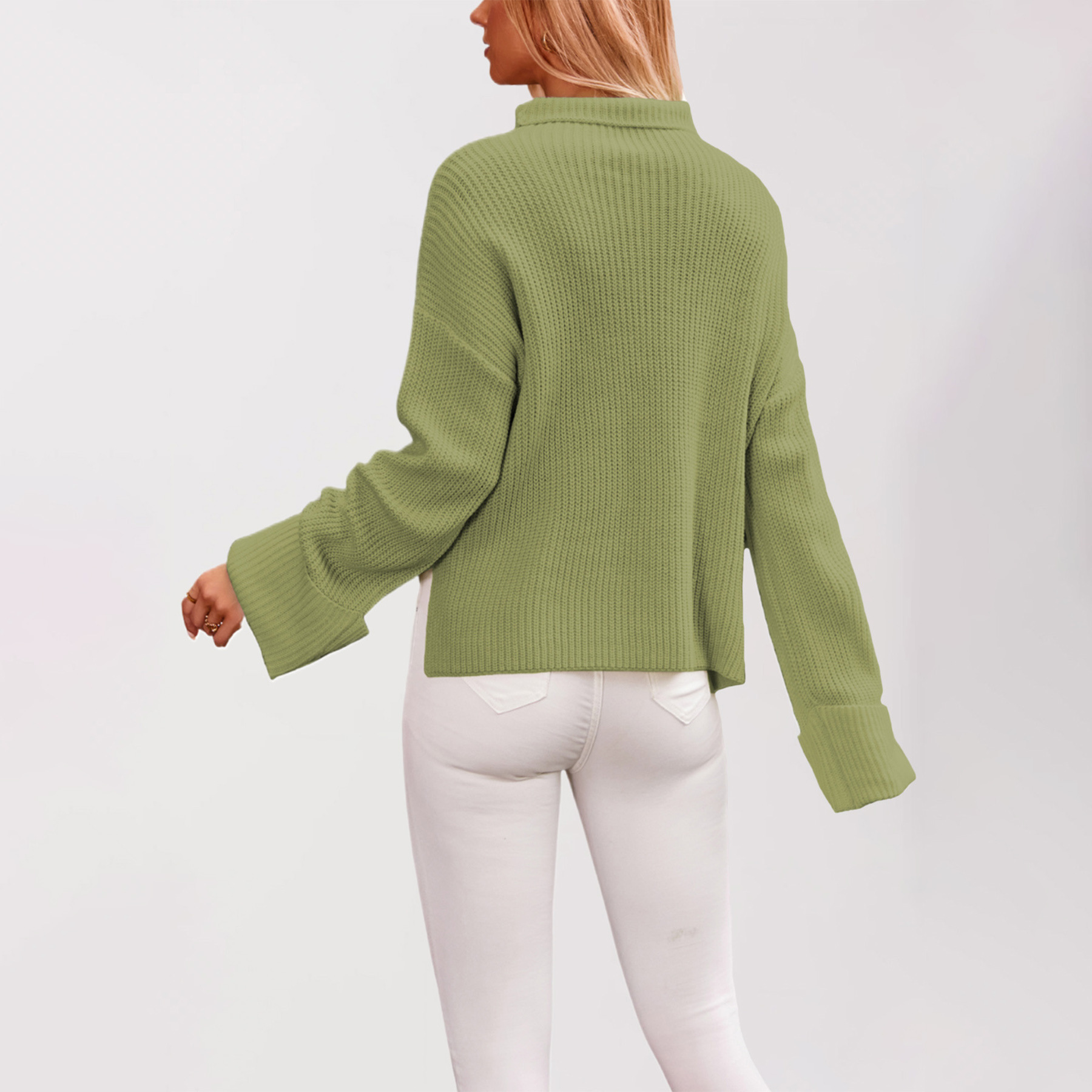 Women's Turtleneck Knit Sweater with Split Hem and Bell Sleeves