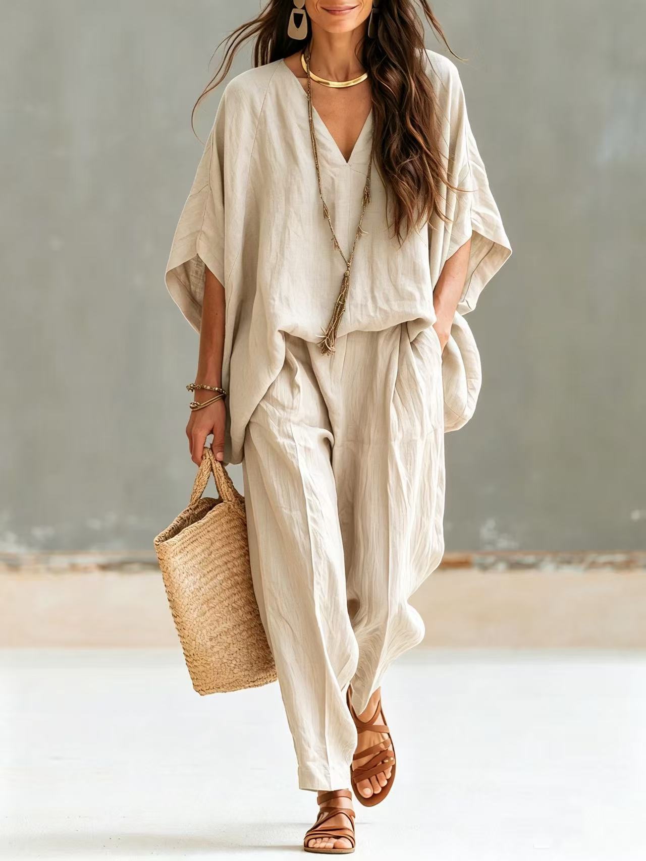 Solid V-Neck Drop Shoulder Loose Wide-Leg Pants Casual Set