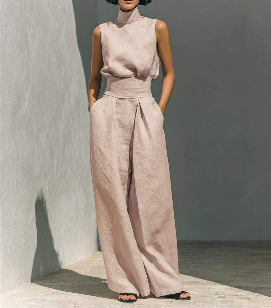 Women's Solid Sleeveless Top and Wide-Leg Pants Set