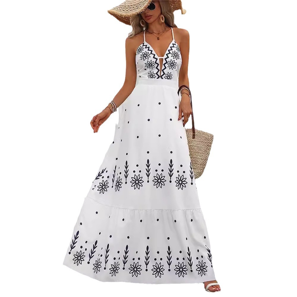 Floral Print Backless Halter Maxi Dress with Short Sleeves and Flowy Skirt