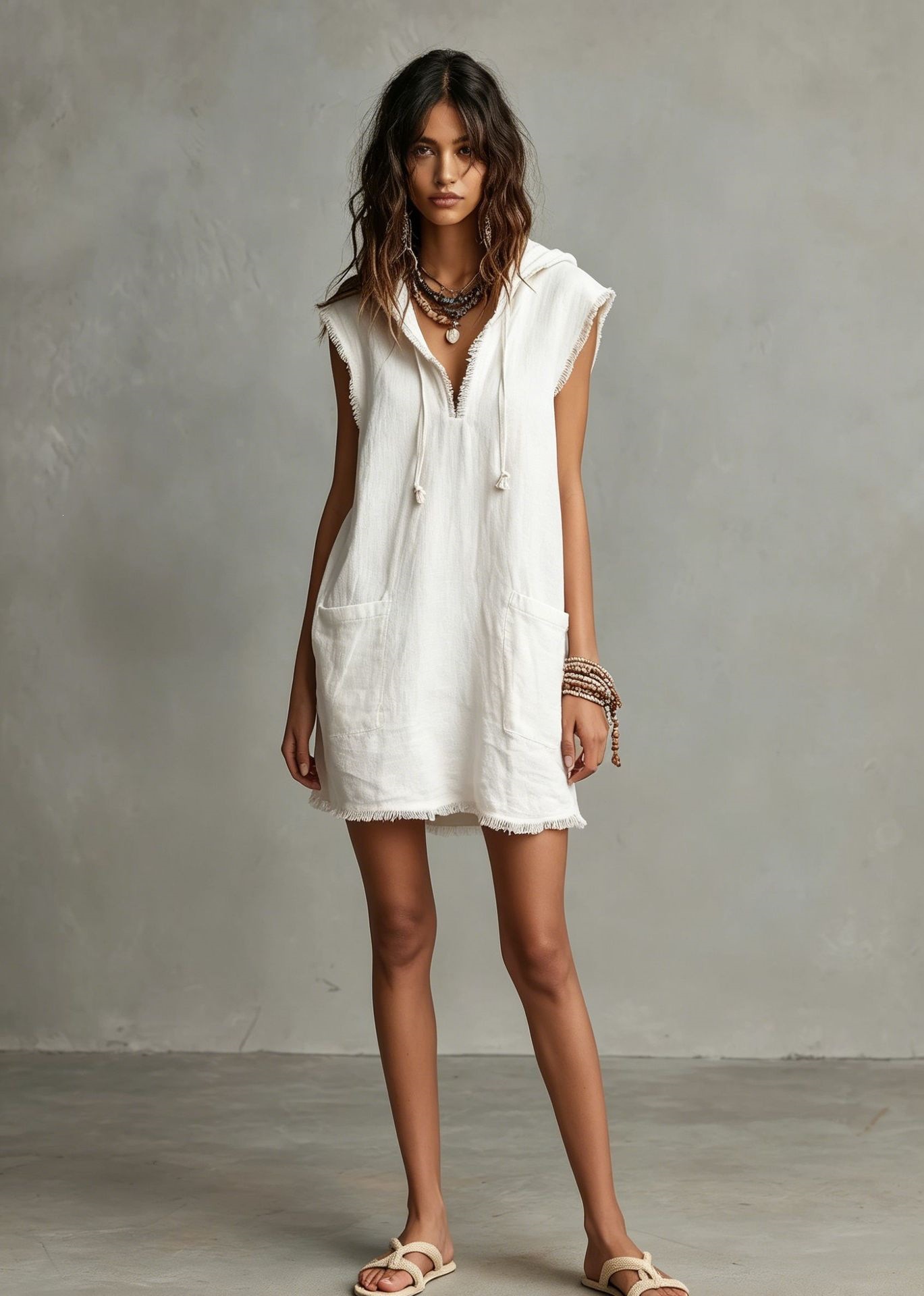 Women's V-Neck Linen-Blend Sleeveless Mini Dress with Hood and Raw Hem