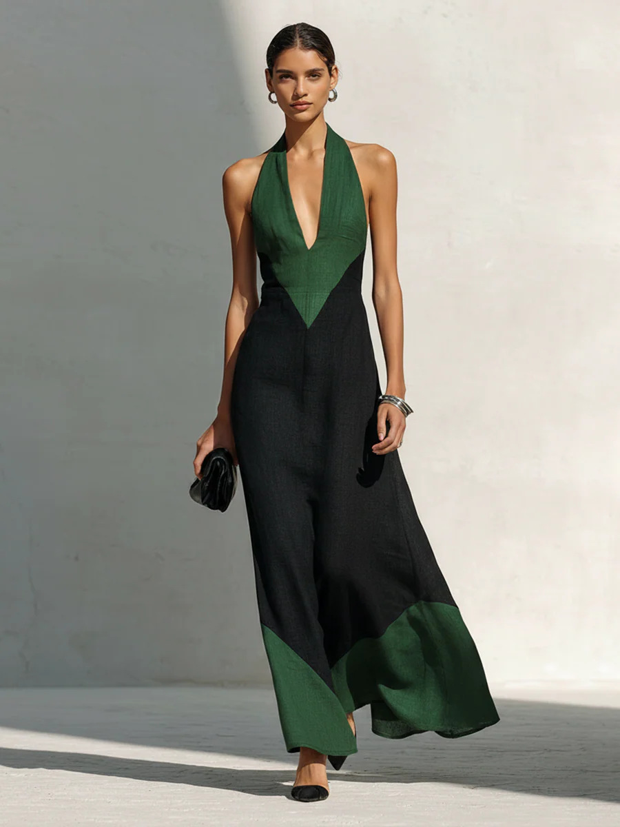 Color-Block Halter Neck Linen-Blend Off-Shoulder A-Line Maxi Dress