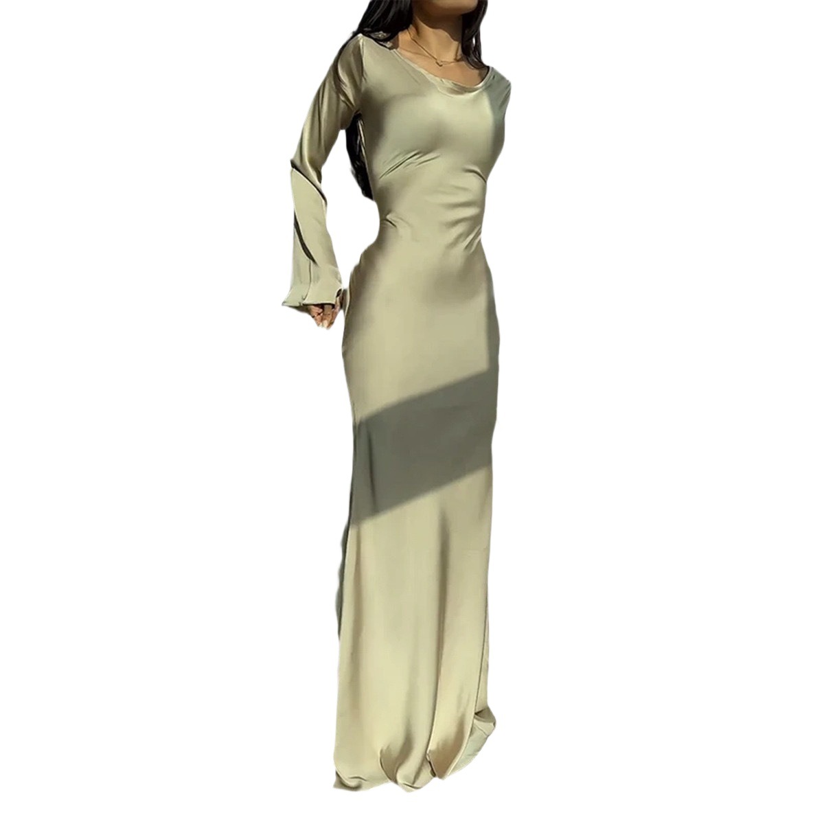 Women's Round Neck Long Sleeve Tie Waist Dress